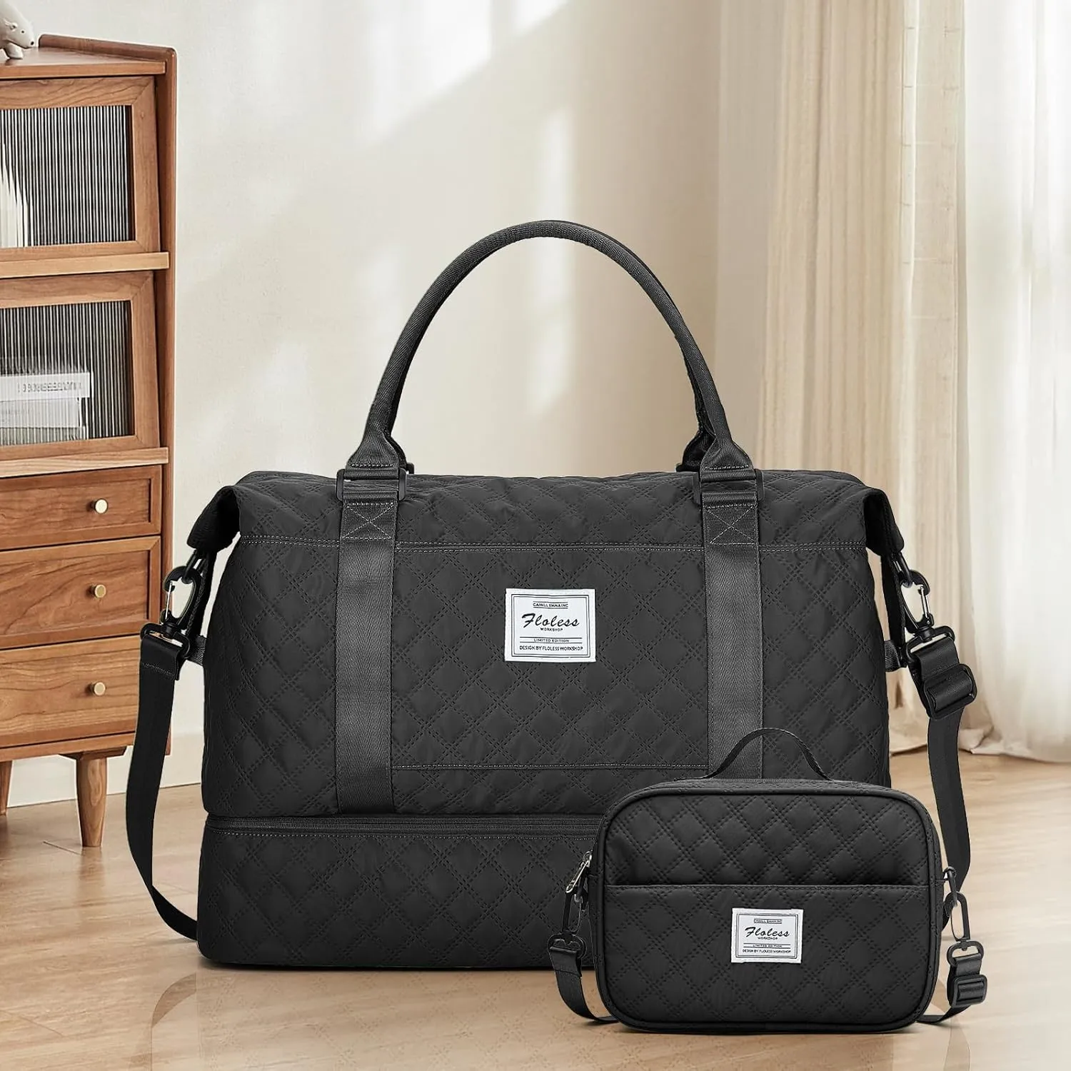 Weekender Bags for Women,Travel Duffel Bag with Shoes Compartment,Overnight Carry on Personal Item Bag with Toiletry Bag,Black
