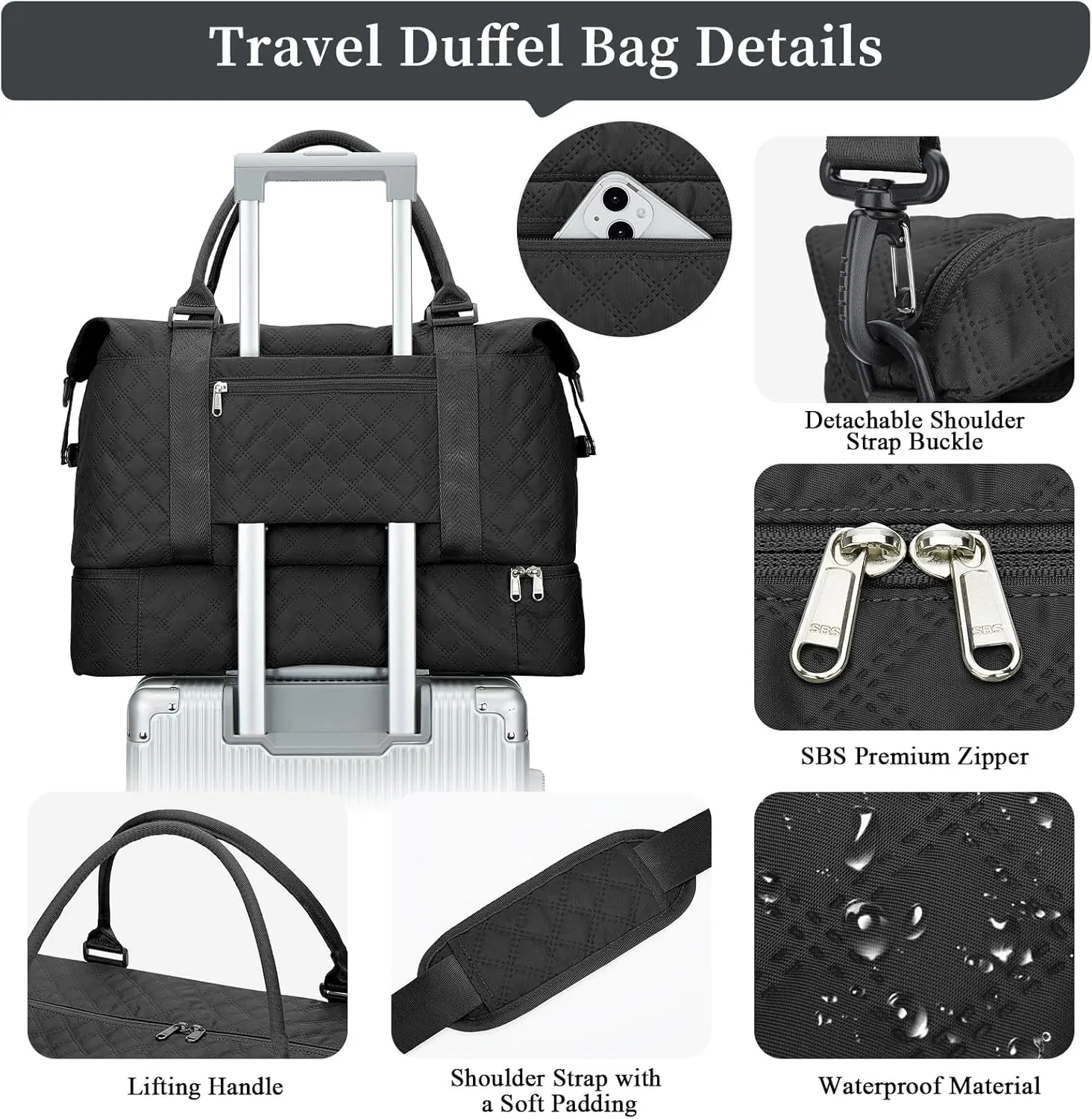 Weekender Bags for Women,Travel Duffel Bag with Shoes Compartment,Overnight Carry on Personal Item Bag with Toiletry Bag,Black