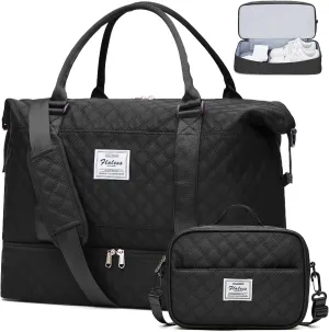 Weekender Bags for Women,Travel Duffel Bag with Shoes Compartment,Overnight Carry on Personal Item Bag with Toiletry Bag,Black