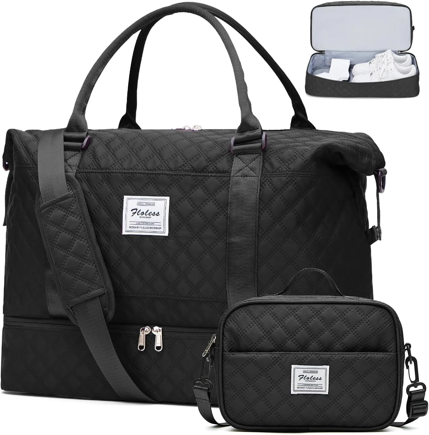 Weekender Bags for Women,Travel Duffel Bag with Shoes Compartment,Overnight Carry on Personal Item Bag with Toiletry Bag,Black