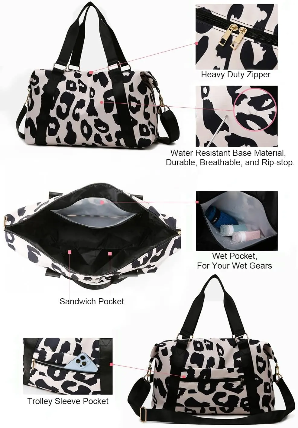 Weekender Duffel Sport Gym Bag Overnight Travel duffle Bags with Wet Pocket-Cow Print Black