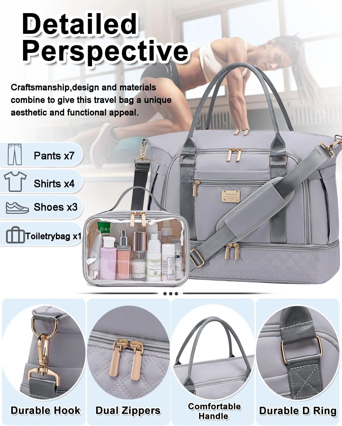 Weitars Gym Duffel Bag - Women's Travel Weekender with Shoes Compartment & Wet Pocket - Large Carry On