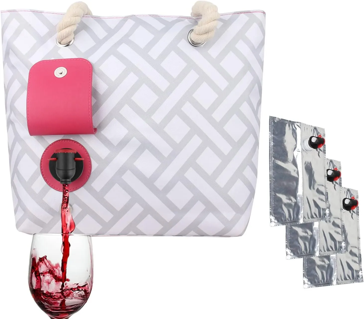 Wine Purse with Hidden Spout, Beach Tote Bag for Women with 3x Bladder Bag (Grey Stripes)