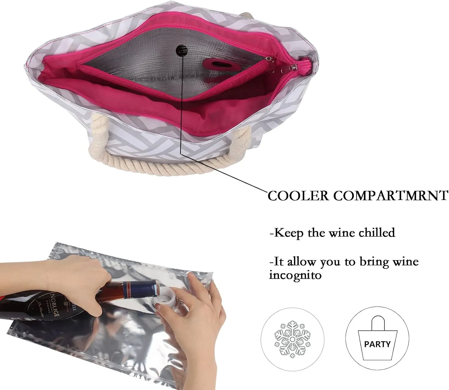 Wine Purse with Hidden Spout, Beach Tote Bag for Women with 3x Bladder Bag (Grey Stripes)