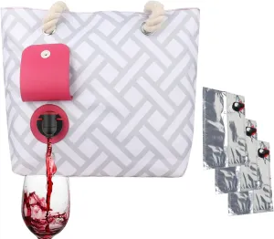 Wine Purse with Hidden Spout, Beach Tote Bag for Women with 3x Bladder Bag (Grey Stripes)