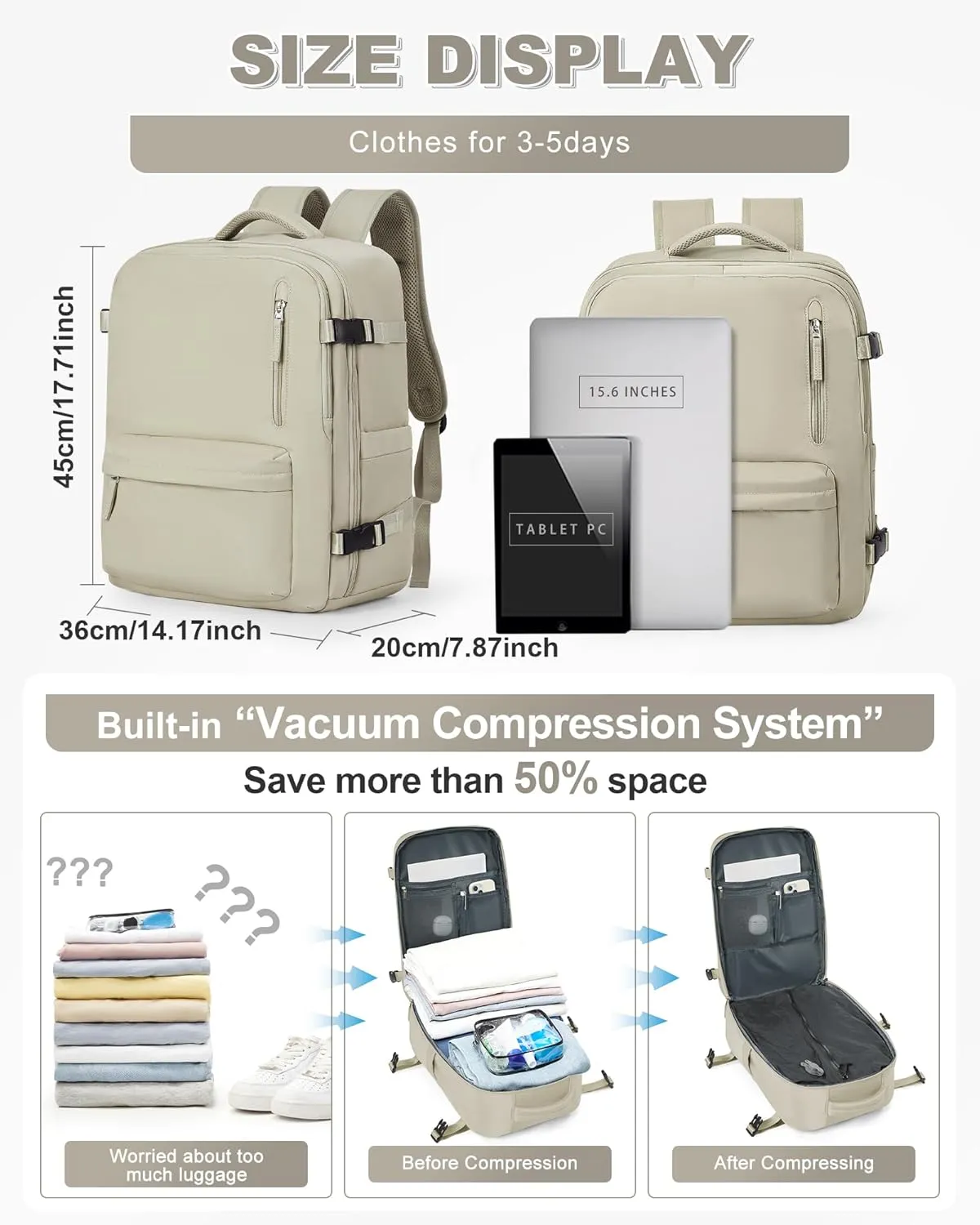 winspansy Large Storage Vacuum Compression Travel Backpack Seal Bags with Pump Clothing 18x14x8 Inches Personal Item Work Carry on Business Vacpack College Airback Laptop Backpack for Women Men Brown