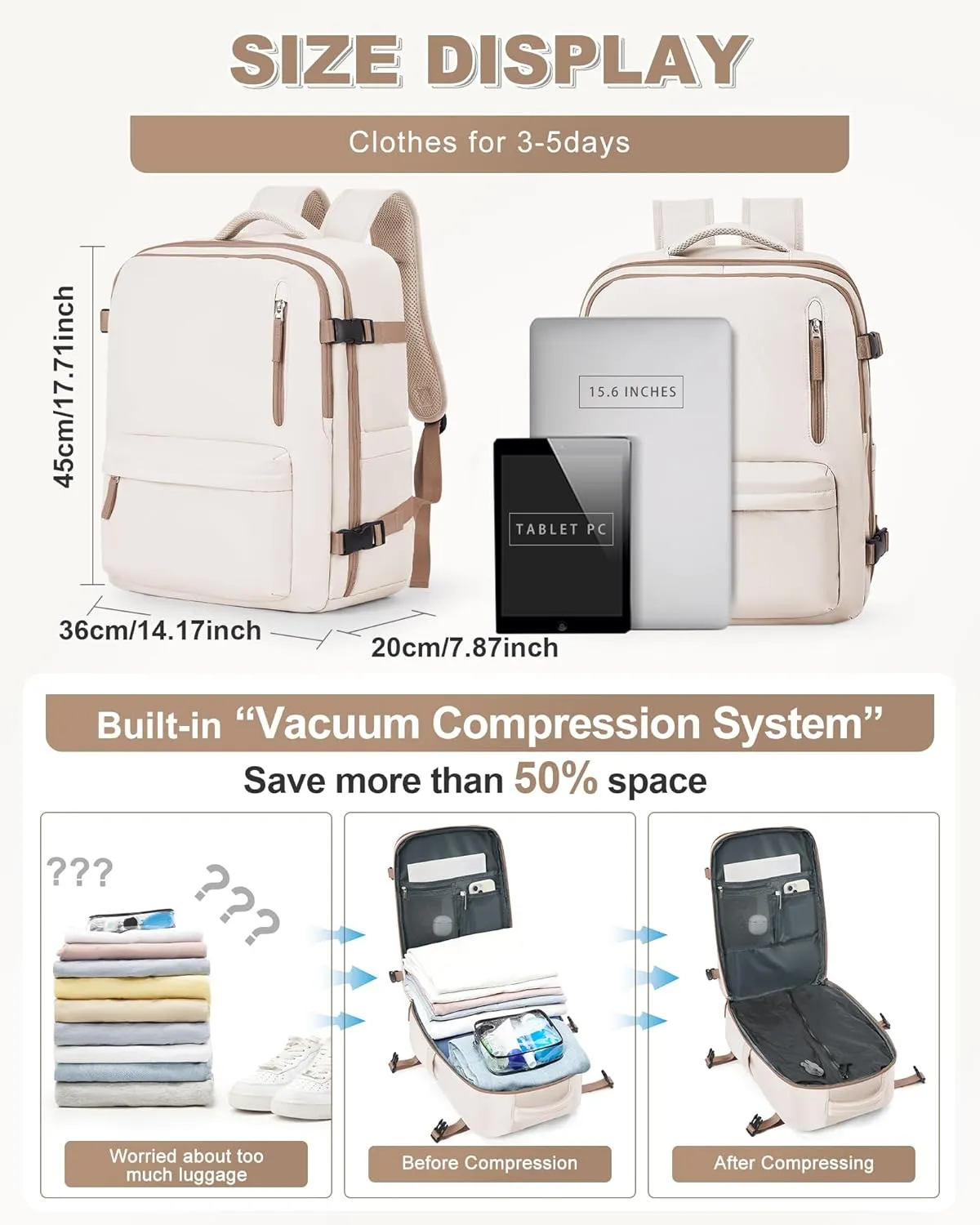 winspansy Large Storage Vacuum Compression Travel Backpack Seal Bags with Pump Clothing 18x14x8 Personal Item Work Carry on Business Vacpack College Airback Laptop Backpack for Women Men Beige Brown