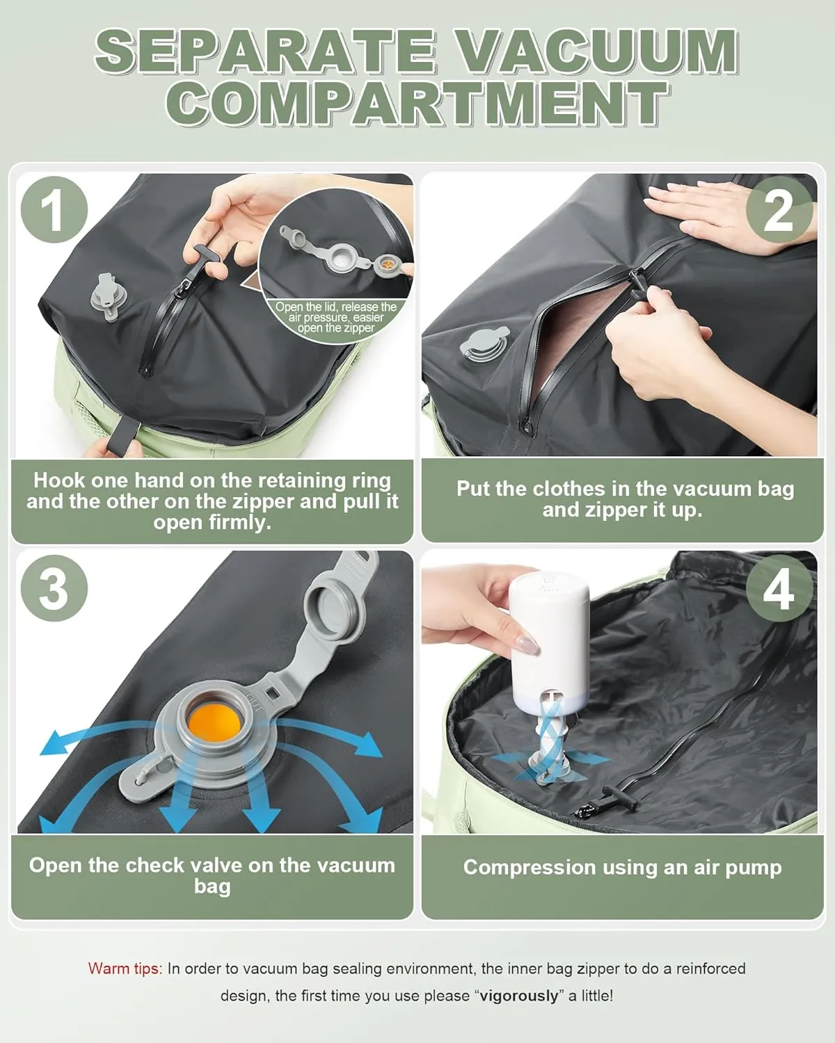 winspansy Large Storage Vacuum Compression Travel Backpack Seal Bags with Pump Clothing 18x14x8 Personal Item Work Carry on Business Vacpack College Airback Laptop Backpack for Women Men Mint green