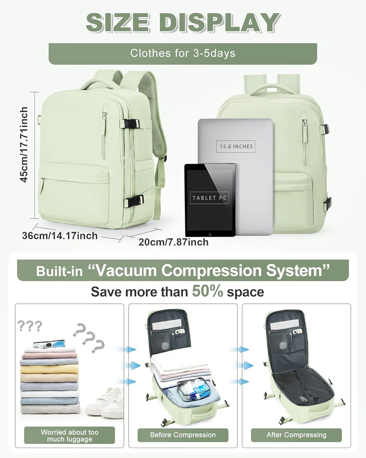 winspansy Large Storage Vacuum Compression Travel Backpack Seal Bags with Pump Clothing 18x14x8 Personal Item Work Carry on Business Vacpack College Airback Laptop Backpack for Women Men Mint green