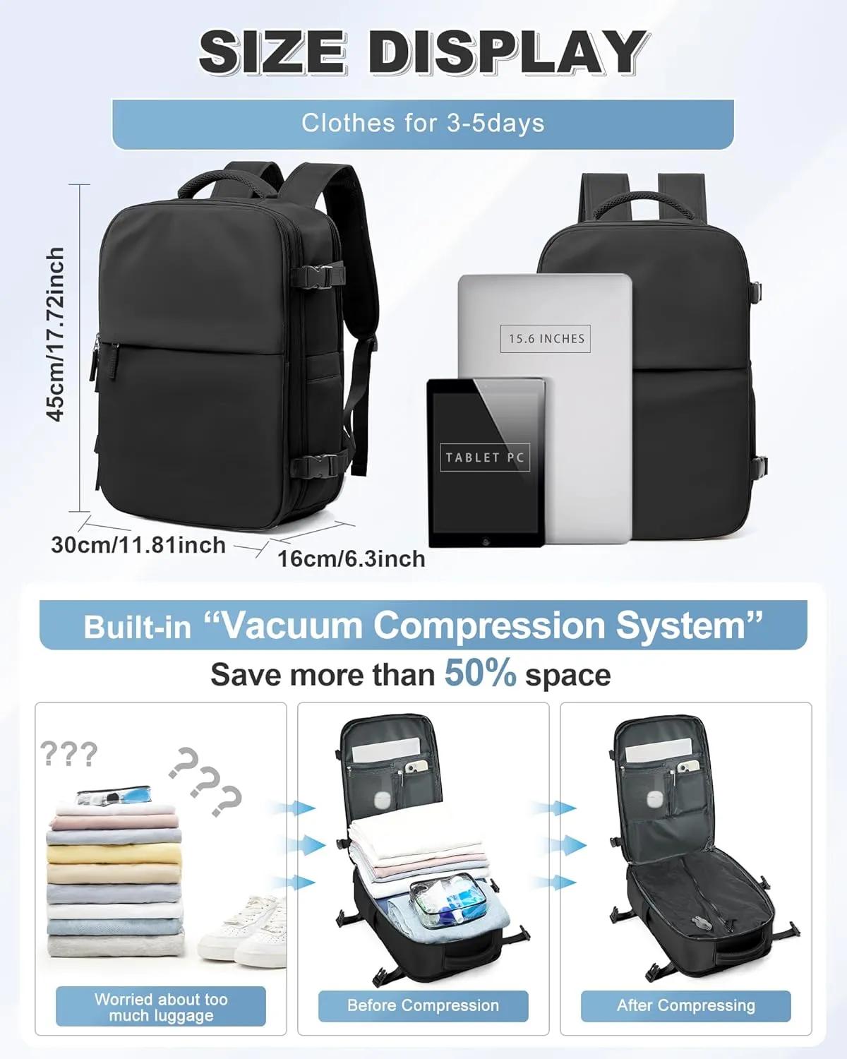 winspansy Large Travel Backpack Storage Vacuum Compression Seal Bags for Women Men Clothing Personal Item Work Carry on Business Vacpack College Airback Laptop Backpack with Shoe Compartment Black