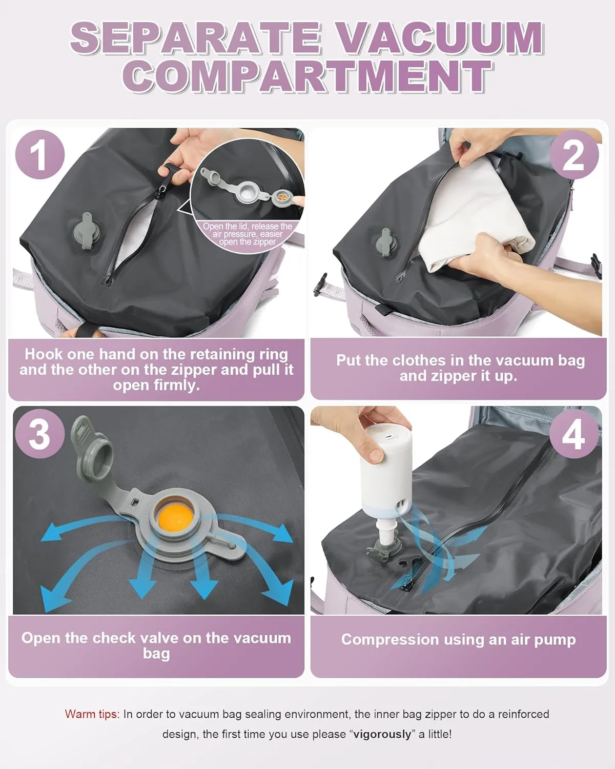 winspansy Large Travel Backpack Storage Vacuum Compression Seal Bags for Women Men Clothing with Pump Personal Item Work Carry on Business Vacpack College Airback Laptop Backpack Purplish Pink