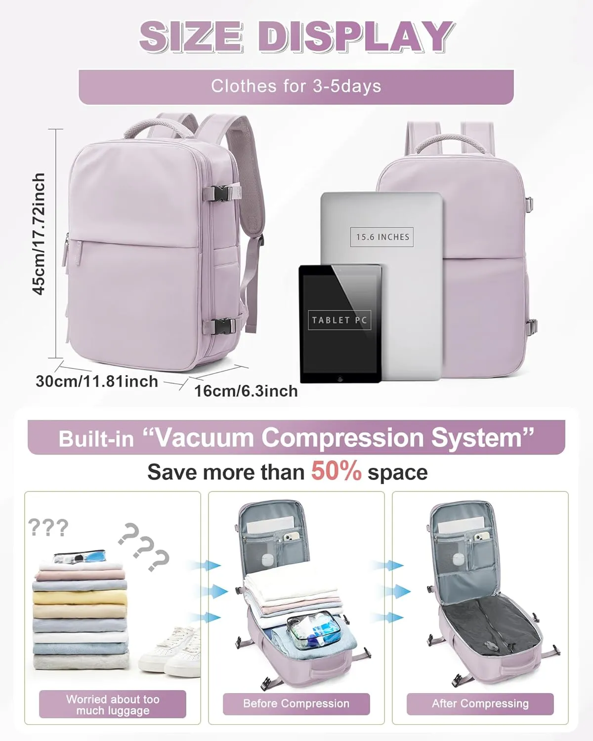 winspansy Large Travel Backpack Storage Vacuum Compression Seal Bags for Women Men Clothing with Pump Personal Item Work Carry on Business Vacpack College Airback Laptop Backpack Purplish Pink