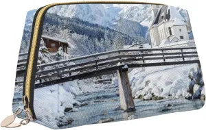 Winter Leather Cosmetic Case Clutch Bag,View Scenic Parish European,Roomy Travel Toiletry bag Aesthetic stuff organizer,Built -in sponge for Secure Protection,Blue Brown White