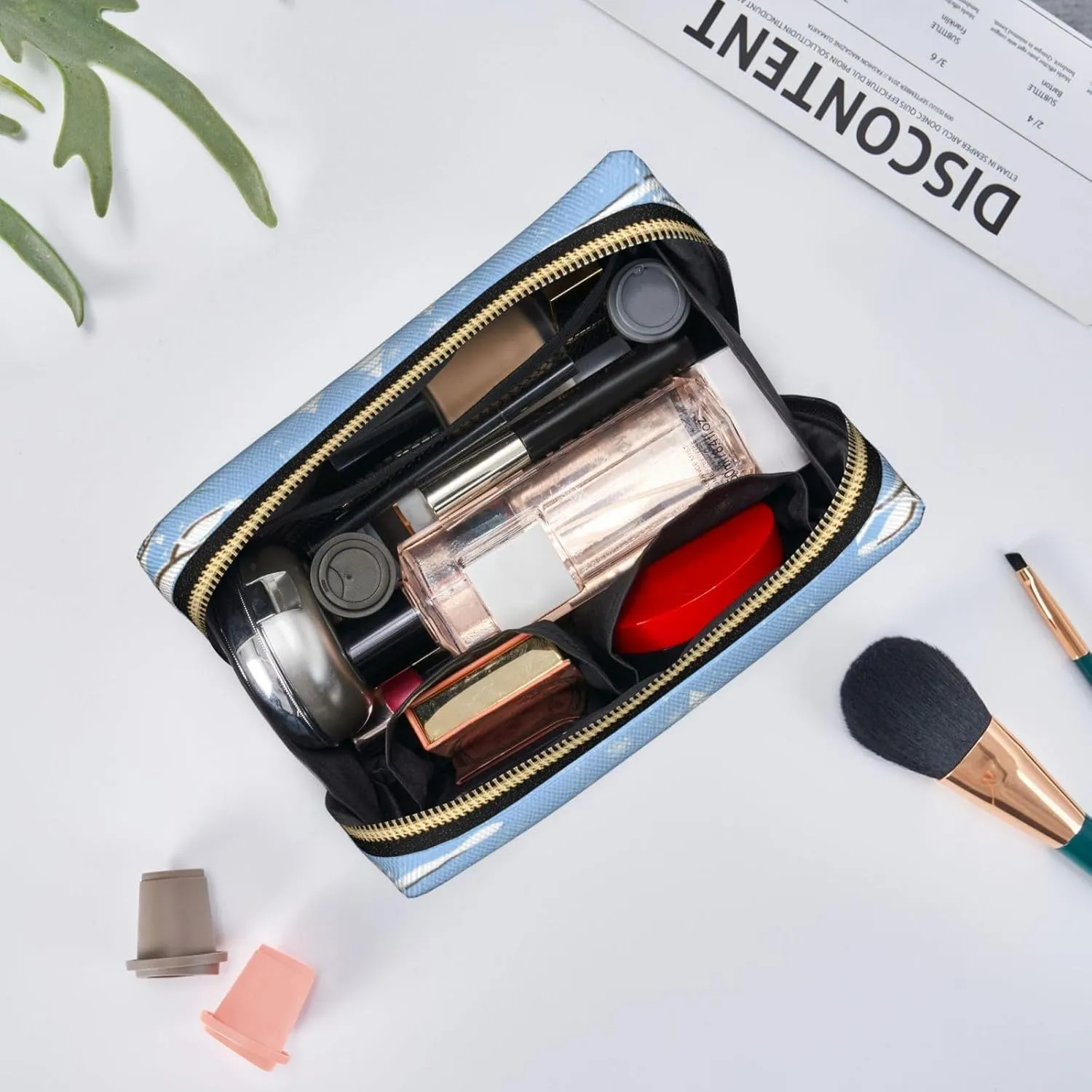 Winter Leather Cosmetic Case Clutch Bag,View Scenic Parish European,Roomy Travel Toiletry bag Aesthetic stuff organizer,Built -in sponge for Secure Protection,Blue Brown White