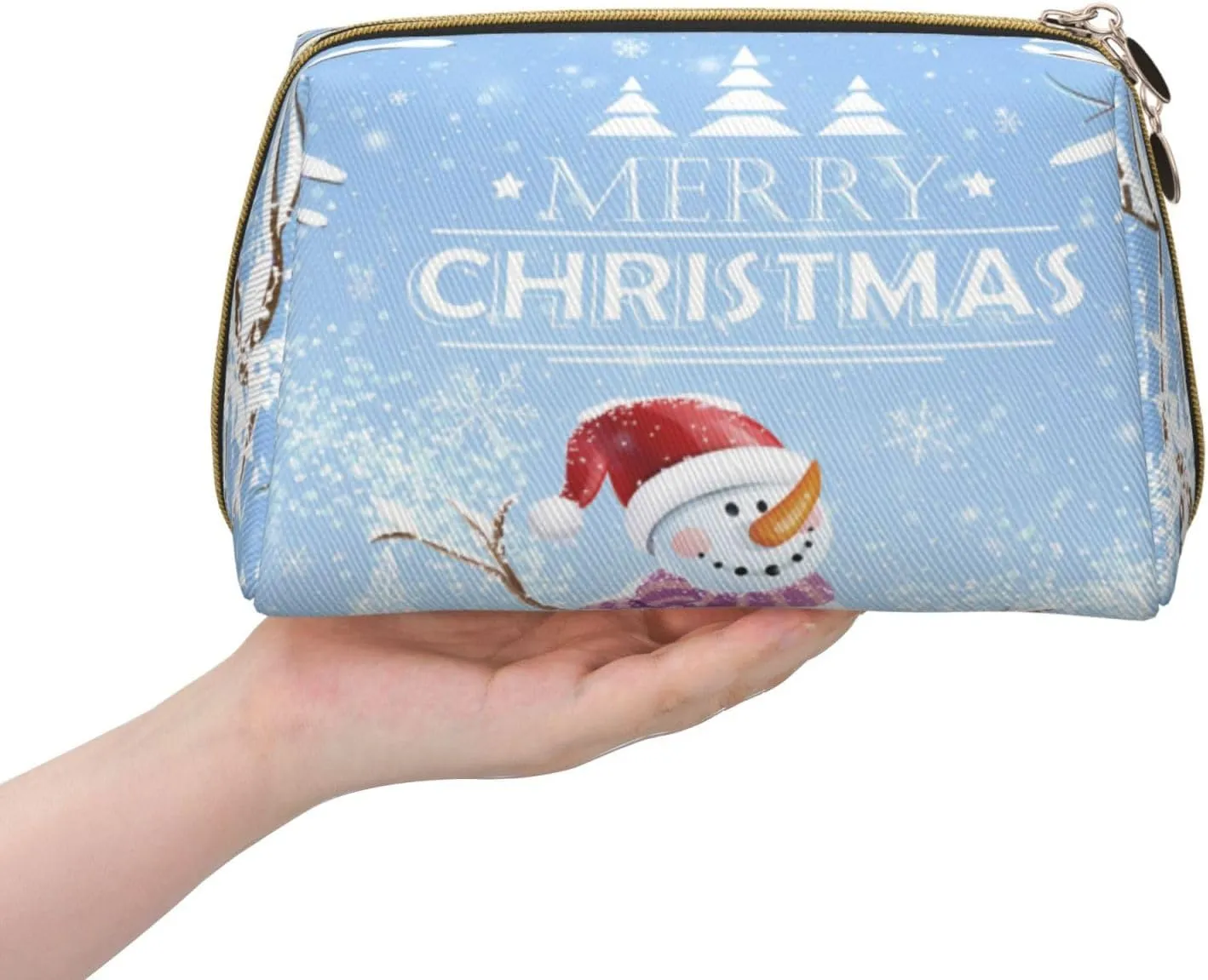 Winter Leather Cosmetic Case Clutch Bag,View Scenic Parish European,Roomy Travel Toiletry bag Aesthetic stuff organizer,Built -in sponge for Secure Protection,Blue Brown White