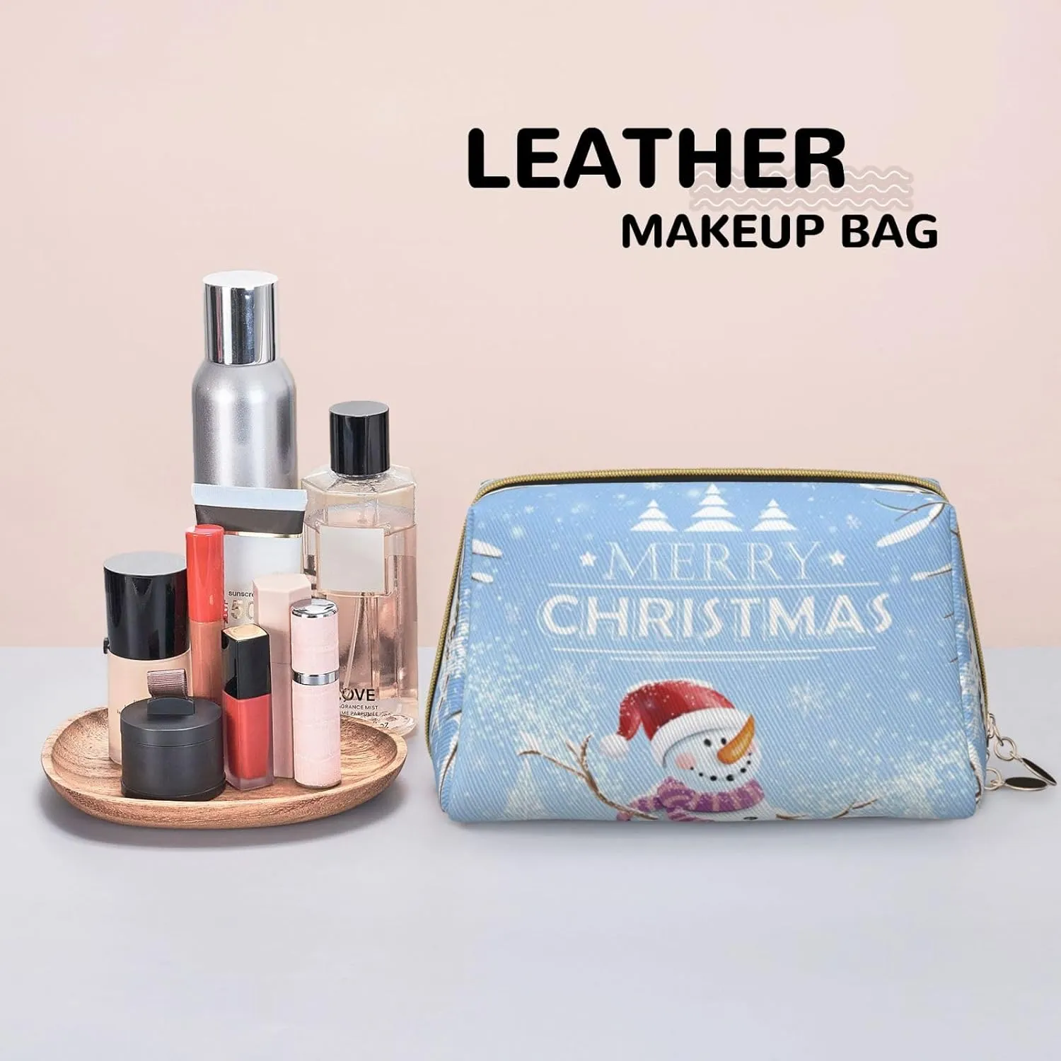 Winter Leather Cosmetic Case Clutch Bag,View Scenic Parish European,Roomy Travel Toiletry bag Aesthetic stuff organizer,Built -in sponge for Secure Protection,Blue Brown White