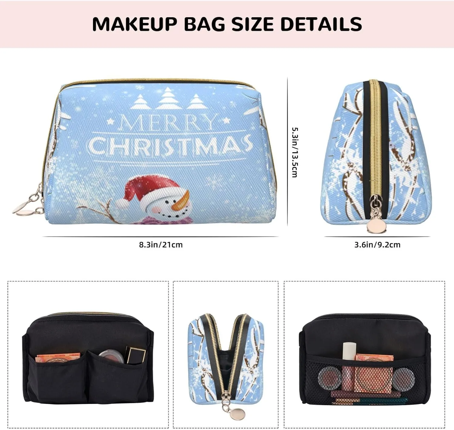 Winter Leather Cosmetic Case Clutch Bag,View Scenic Parish European,Roomy Travel Toiletry bag Aesthetic stuff organizer,Built -in sponge for Secure Protection,Blue Brown White
