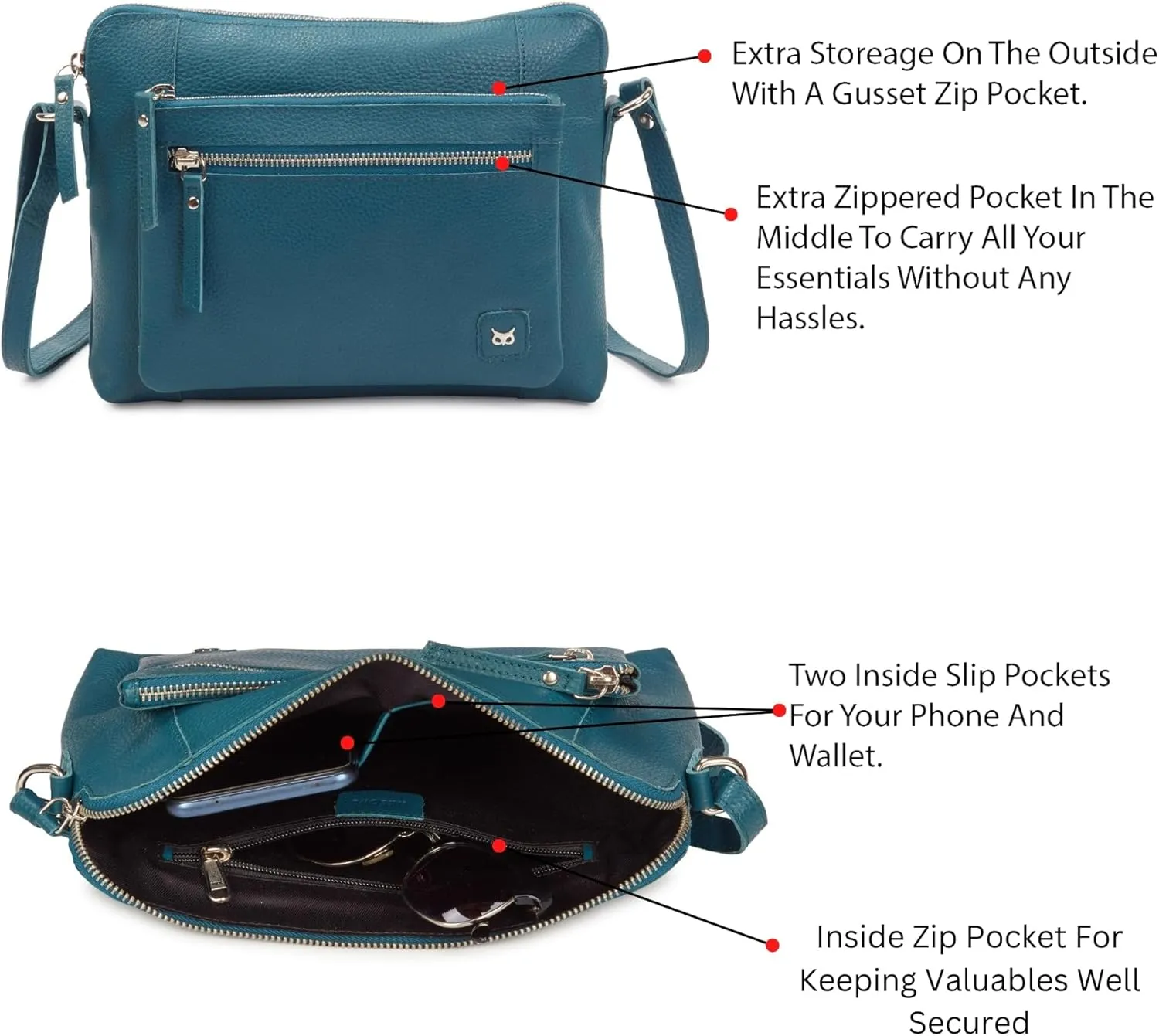 Wise Owl Accessories Small Soft Pebbled Real Leather Crossbody Handbags Purses Sling Crossover Shoulder Bag