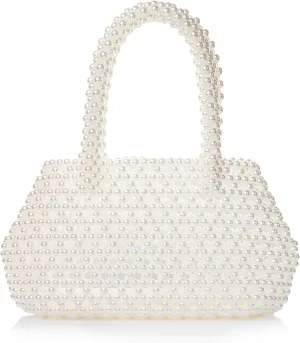 Women Pearl Beaded Pleuche Handle Bag Evening HandBag for Wedding Party