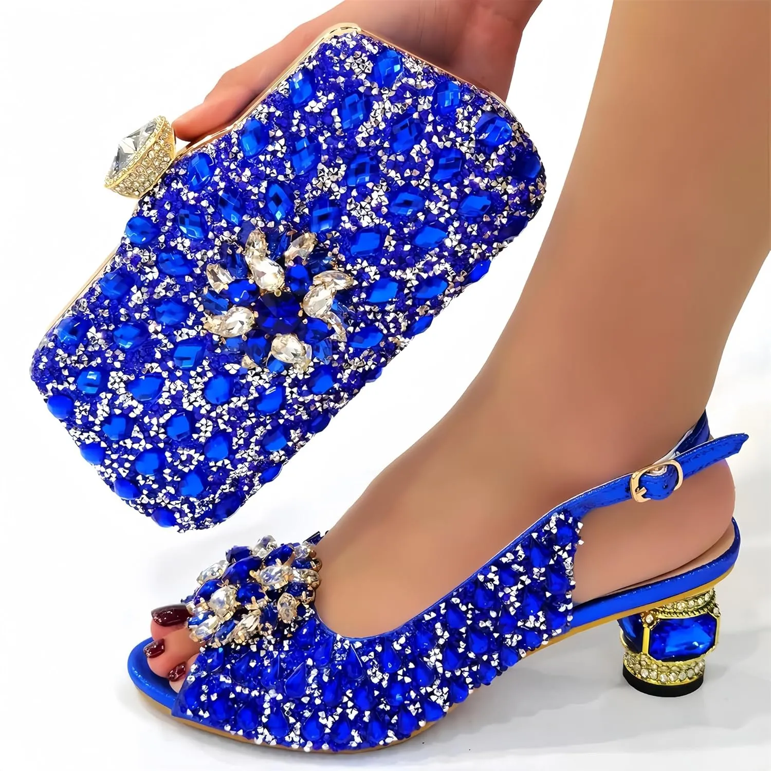 Women Shoes and Bag Set for Evening Party Wedding Italian Style High Heels African Decorated with Rhinestone
