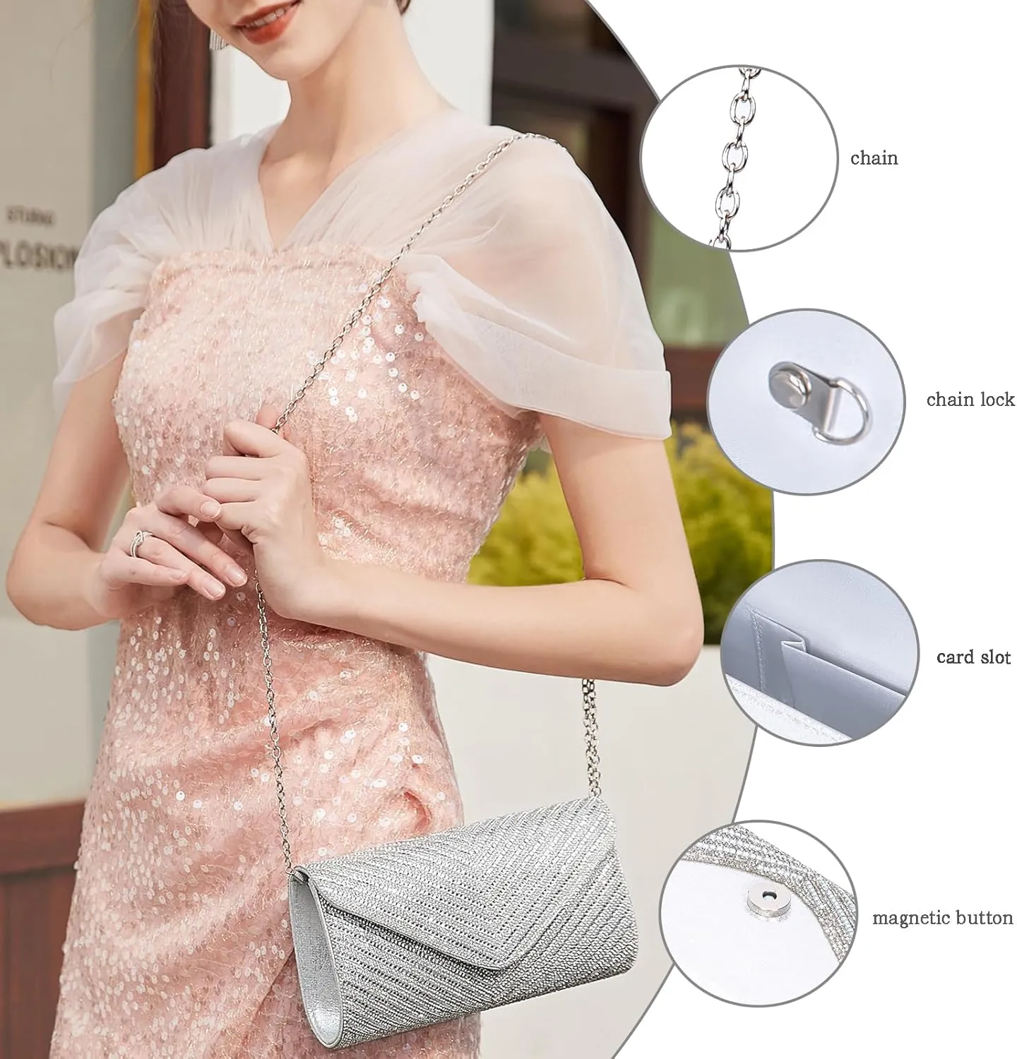 Women's Evening Handbags Envelope Clutch Purses Ladies Crossbody Bags Rhinestone Wedding Bag Shoulder Bag for Women