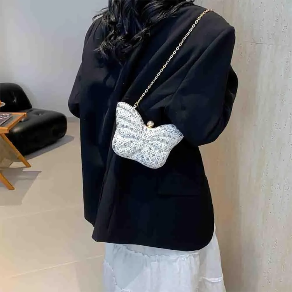 Women's Hollow Butterfly Shoulder Bag, Luxury Glitter Rhinestone Chain Evening Purse, Cute Wedding Party Bridal Prom Handbag