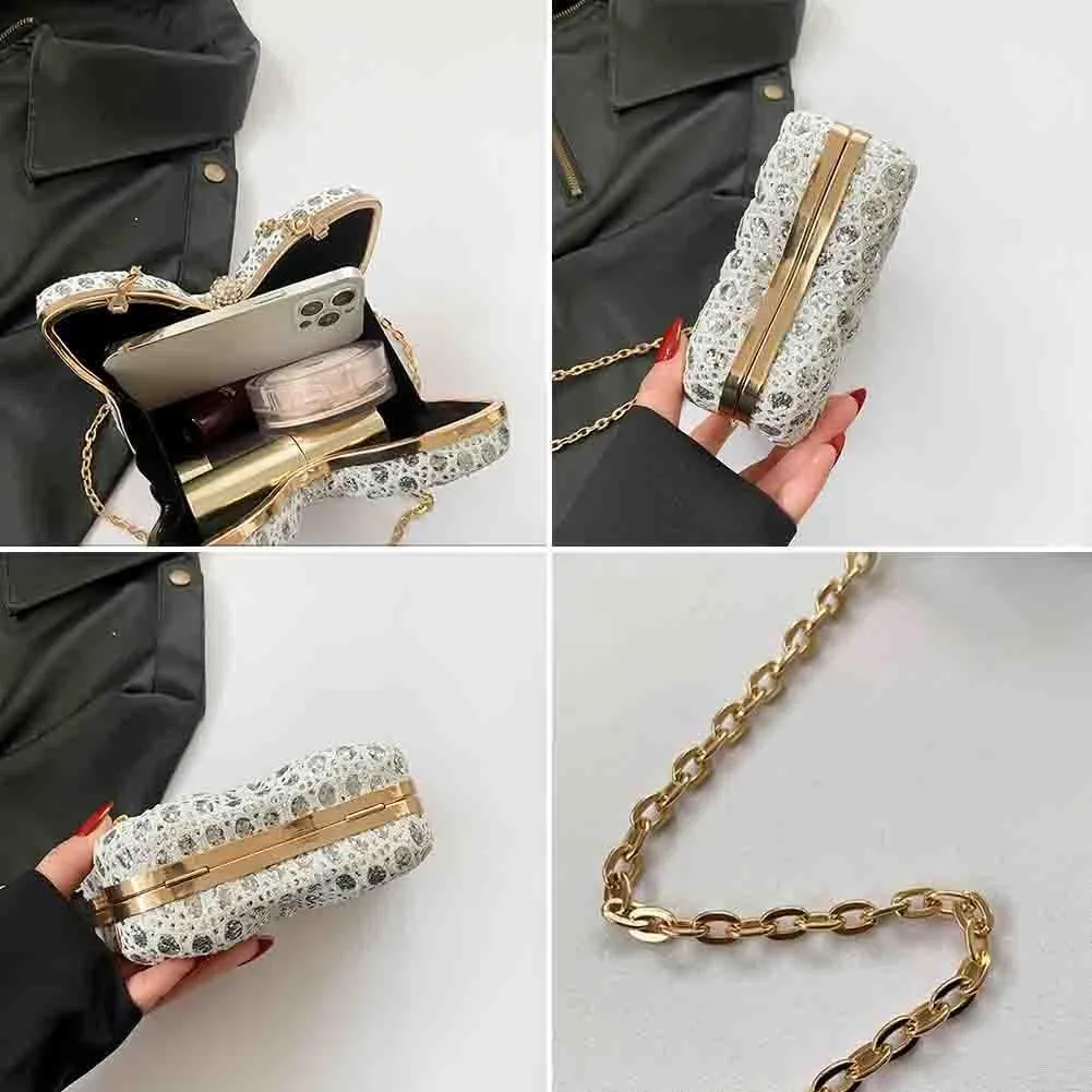 Women's Hollow Butterfly Shoulder Bag, Luxury Glitter Rhinestone Chain Evening Purse, Cute Wedding Party Bridal Prom Handbag