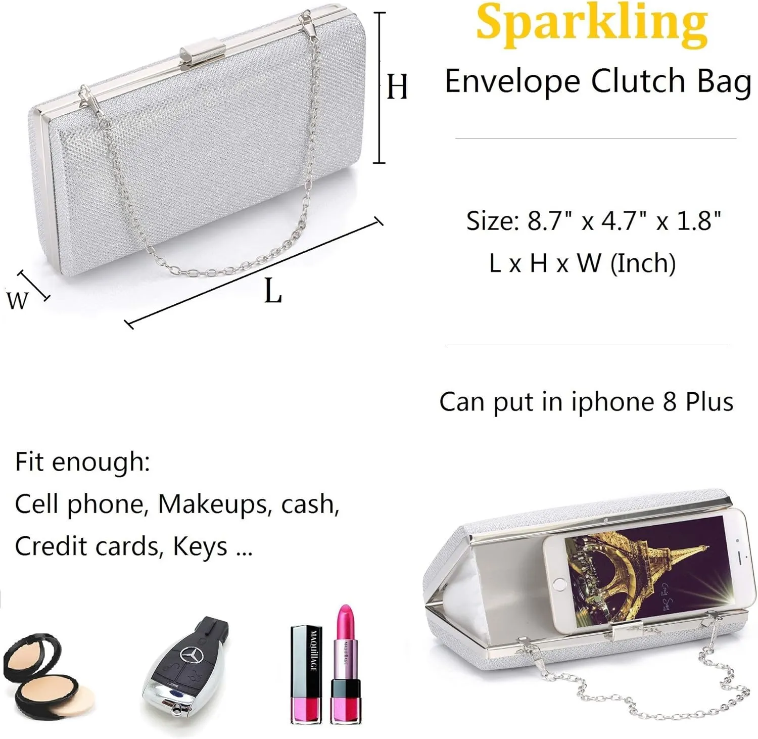 Womens Vintage Envelope Clutch Silver Evening Handbag For Cocktail/Wedding/Party