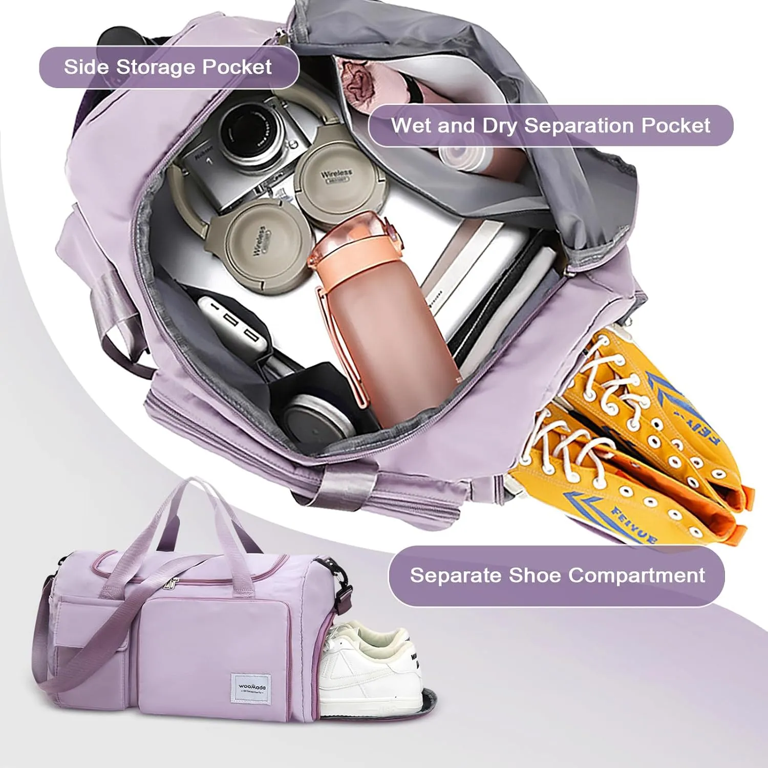 WOOMADA Foldable Travel Duffel Bag with Shoes Compartment, Overnight Bag with Wet Pocket, Weekender Carry On with cosmetic bag for Women(cow)