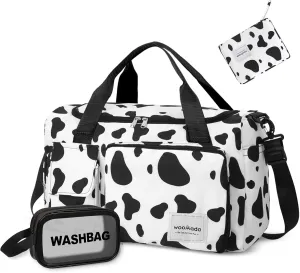 WOOMADA Foldable Travel Duffel Bag with Shoes Compartment, Overnight Bag with Wet Pocket, Weekender Carry On with cosmetic bag for Women(cow)