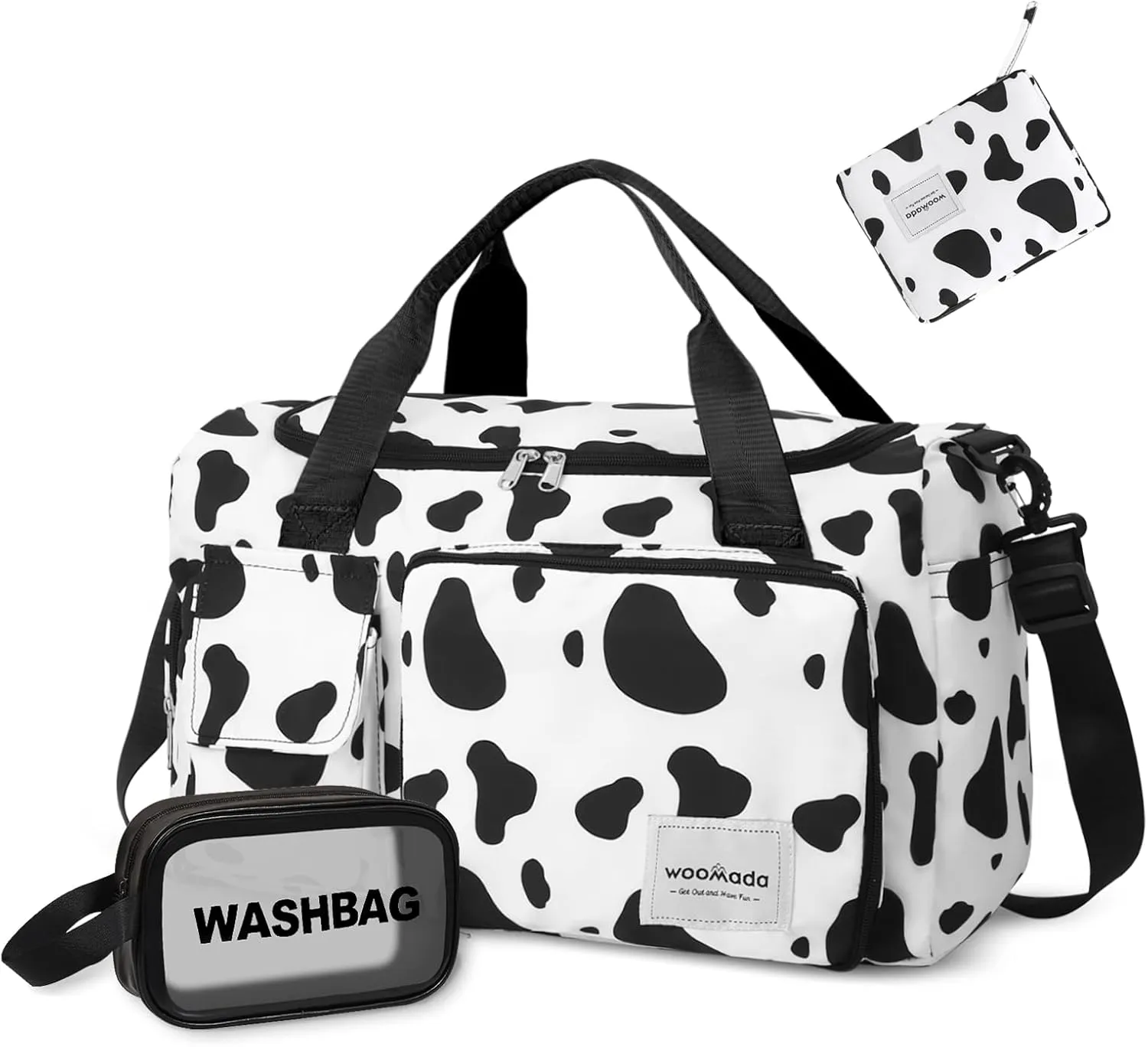WOOMADA Foldable Travel Duffel Bag with Shoes Compartment, Overnight Bag with Wet Pocket, Weekender Carry On with cosmetic bag for Women(cow)