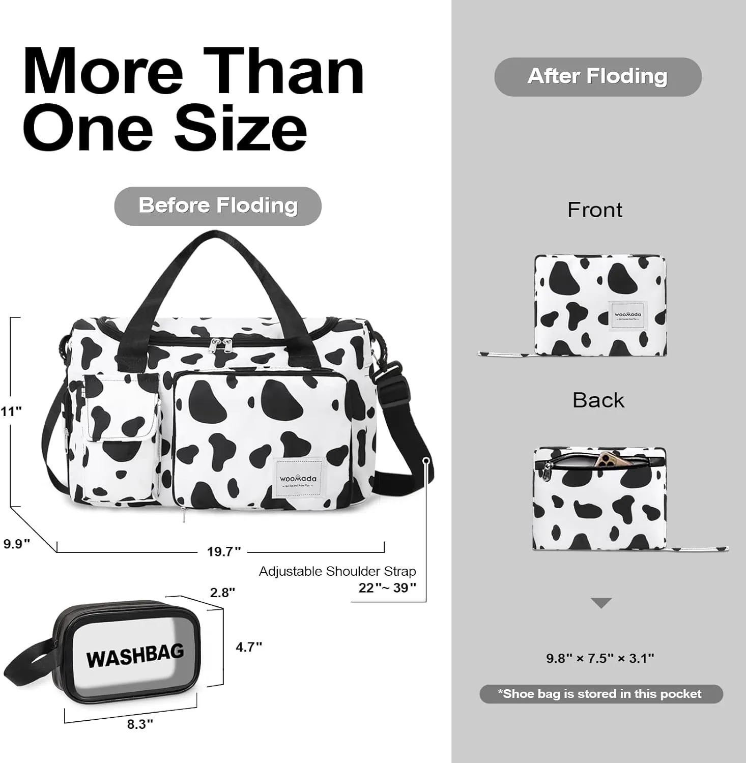 WOOMADA Foldable Travel Duffel Bag with Shoes Compartment, Overnight Bag with Wet Pocket, Weekender Carry On with cosmetic bag for Women(cow)