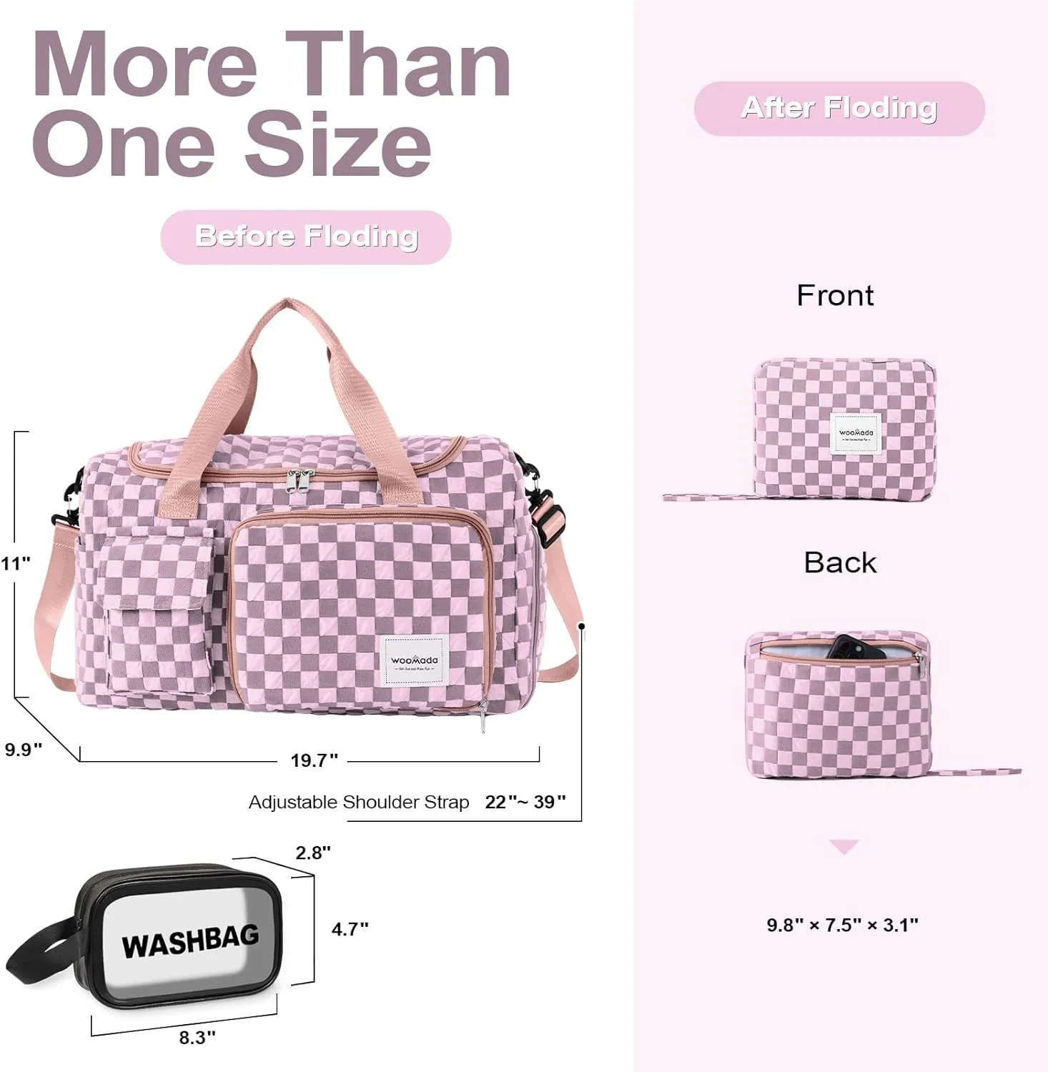 WOOMADA Foldable Travel Duffel Bag with Shoes Compartment, Overnight Bag with Wet Pocket, Weekender Carry On with cosmetic bag for Women(pink checkerboard)