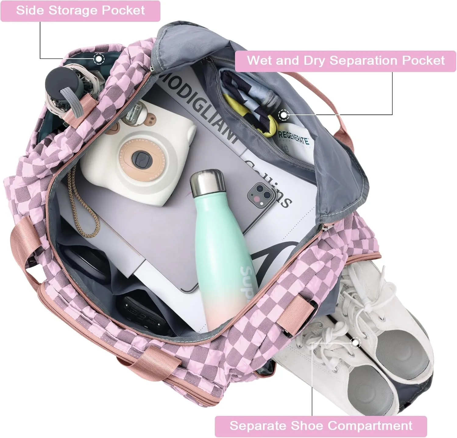 WOOMADA Foldable Travel Duffel Bag with Shoes Compartment, Overnight Bag with Wet Pocket, Weekender Carry On with cosmetic bag for Women(pink checkerboard)