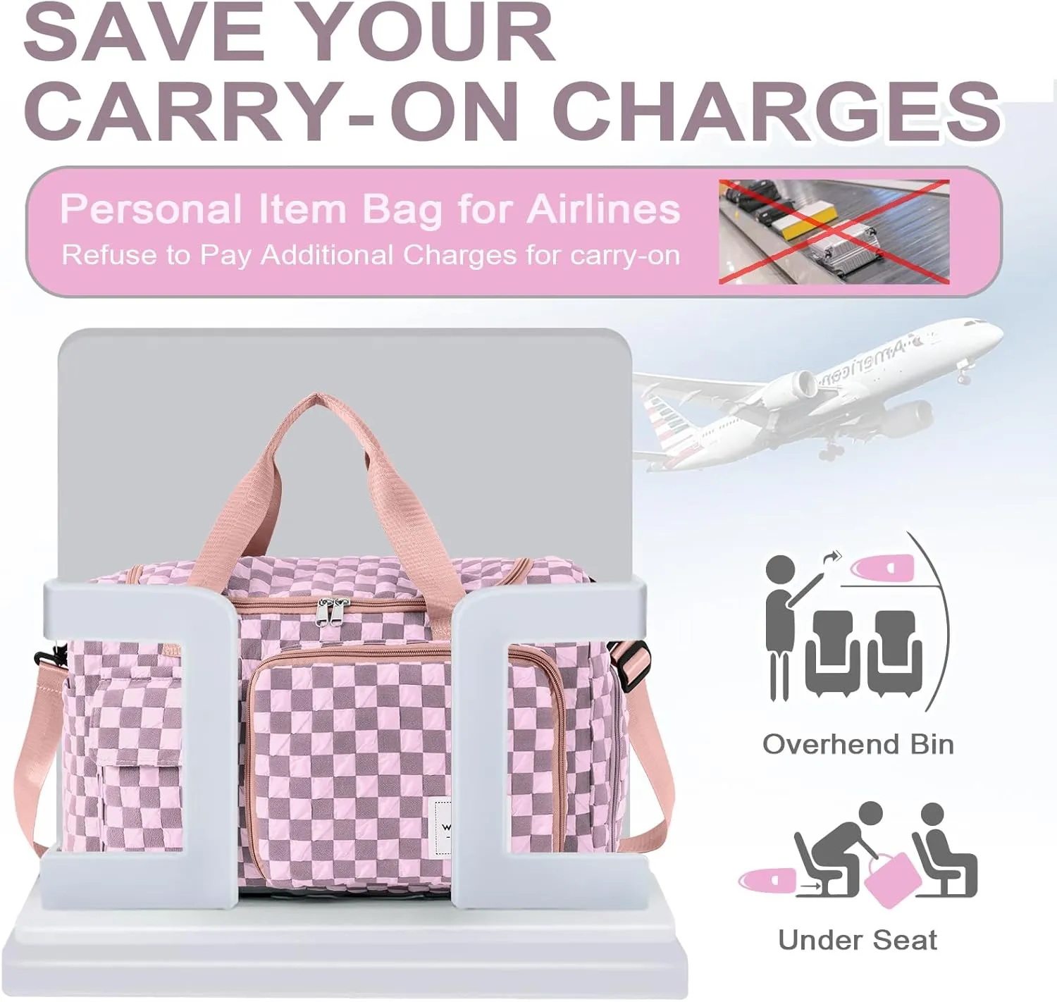WOOMADA Foldable Travel Duffel Bag with Shoes Compartment, Overnight Bag with Wet Pocket, Weekender Carry On with cosmetic bag for Women(pink checkerboard)