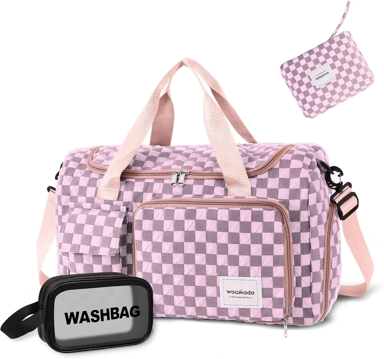 WOOMADA Foldable Travel Duffel Bag with Shoes Compartment, Overnight Bag with Wet Pocket, Weekender Carry On with cosmetic bag for Women(pink checkerboard)