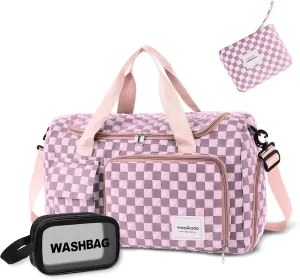 WOOMADA Foldable Travel Duffel Bag with Shoes Compartment, Overnight Bag with Wet Pocket, Weekender Carry On with cosmetic bag for Women(pink checkerboard)