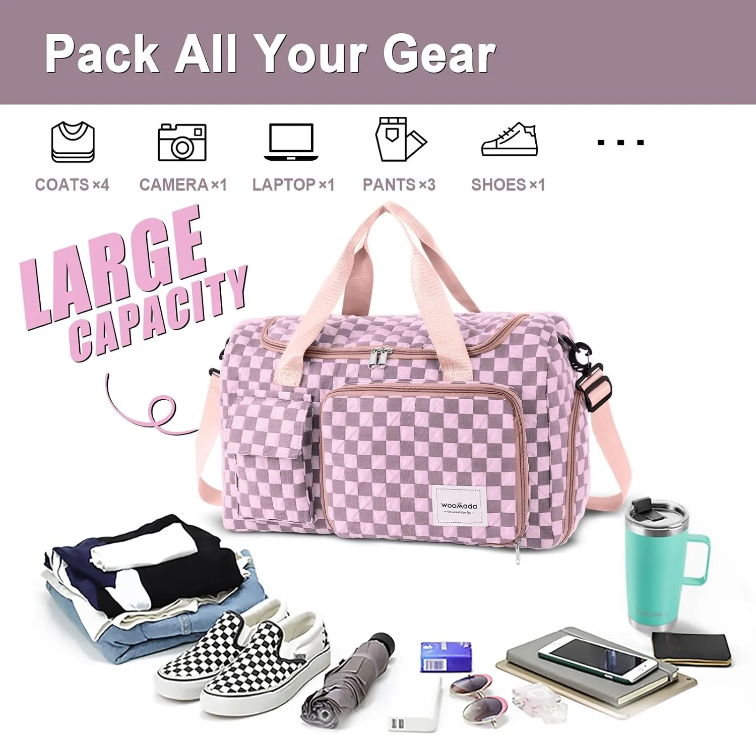 WOOMADA Foldable Travel Duffel Bag with Shoes Compartment, Overnight Bag with Wet Pocket, Weekender Carry On with cosmetic bag for Women(pink checkerboard)