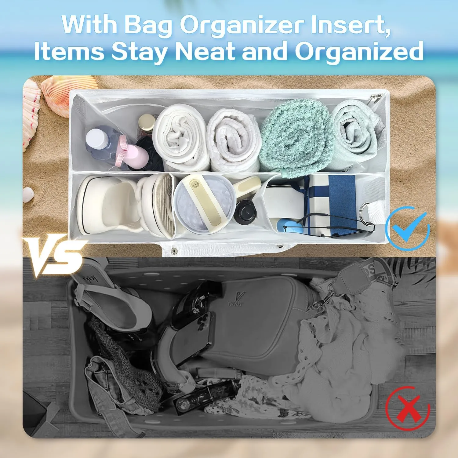 XYFuuee Beach Bag Organizer Inserts for X Large Bogg Bag Accessories, Original XL Lightweight Mesh Insert Divider Pouch, Organizing Rubber Tote Bags, Save Storage Space (White)