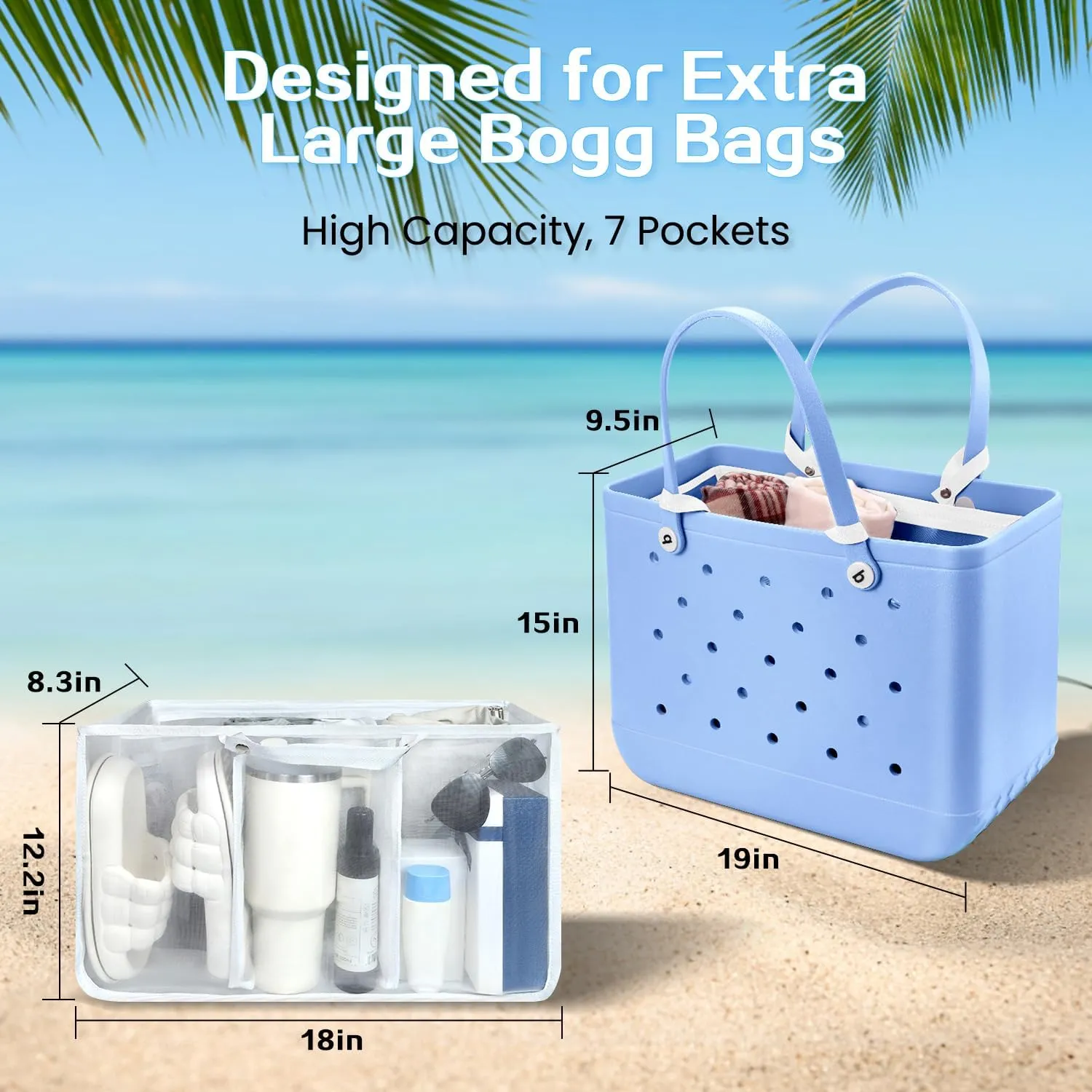 XYFuuee Beach Bag Organizer Inserts for X Large Bogg Bag Accessories, Original XL Lightweight Mesh Insert Divider Pouch, Organizing Rubber Tote Bags, Save Storage Space (White)