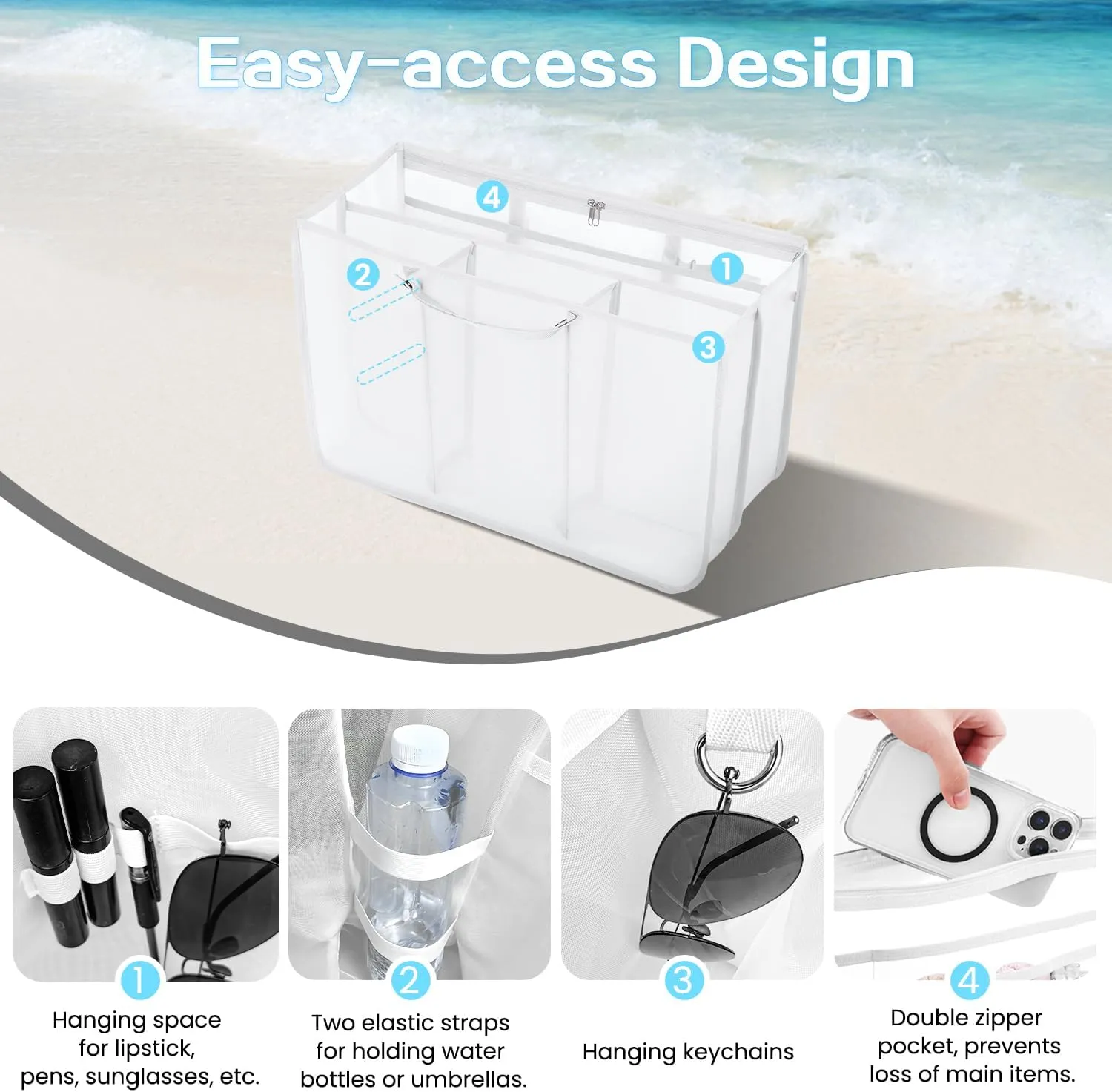 XYFuuee Beach Bag Organizer Inserts for X Large Bogg Bag Accessories, Original XL Lightweight Mesh Insert Divider Pouch, Organizing Rubber Tote Bags, Save Storage Space (White)