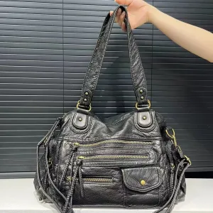Y2K Leather Multi-Compartment Zipper Handbag