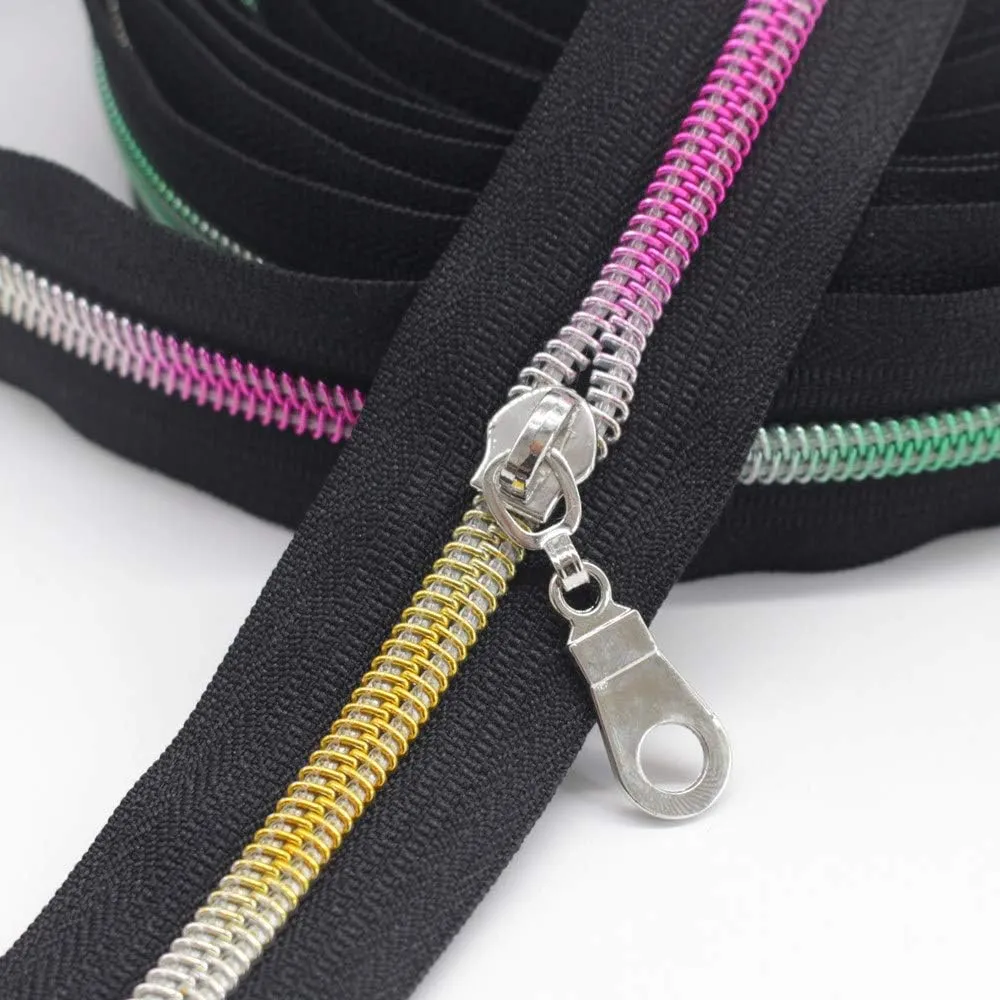 YaHoGa #5 Colorful Teeth Rainbow Metallic Nylon Coil Zippers by The Yard Bulk 10 Yards with 25pcs Silver Pulls for DIY Sewing Tailor Craft Bags (Black)
