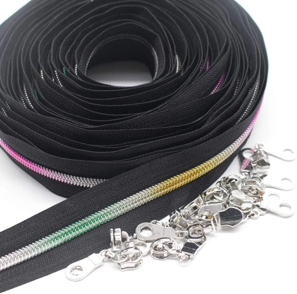 YaHoGa #5 Colorful Teeth Rainbow Metallic Nylon Coil Zippers by The Yard Bulk 10 Yards with 25pcs Silver Pulls for DIY Sewing Tailor Craft Bags (Black)