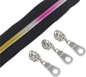 YaHoGa #5 Colorful Teeth Rainbow Metallic Nylon Coil Zippers by The Yard Bulk 10 Yards with 25pcs Silver Pulls for DIY Sewing Tailor Craft Bags (Black)