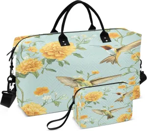 Yellow Marigolds Hummingbirds Travel Duffel Bags Carry on Weekender Overnight Bag Large for Airplane with Toiletry Bag for Men Women
