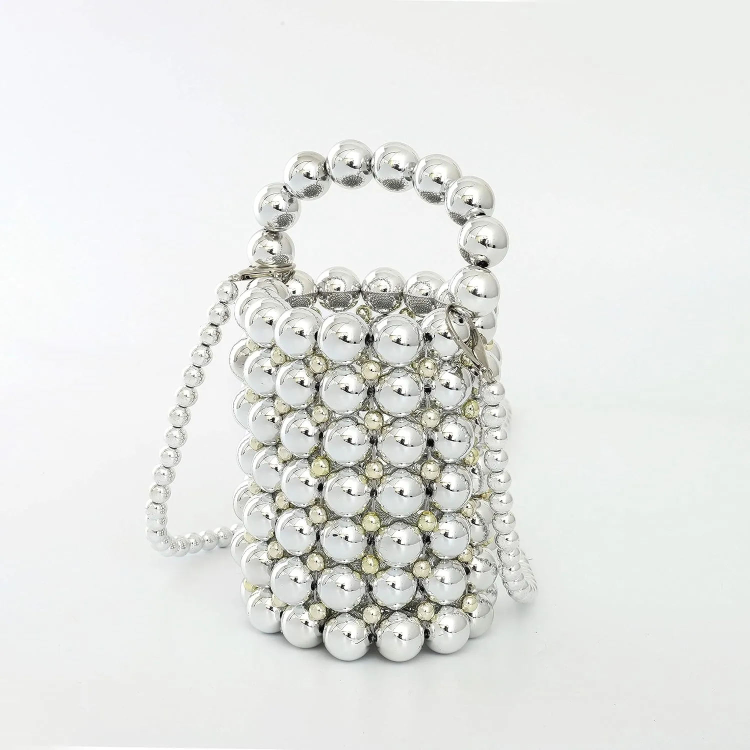 YIFEI Women Metaillic Colored Beaded Acrylic Handmade Bucket Bag with Detachable Chain