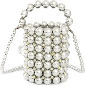 YIFEI Women Metaillic Colored Beaded Acrylic Handmade Bucket Bag with Detachable Chain
