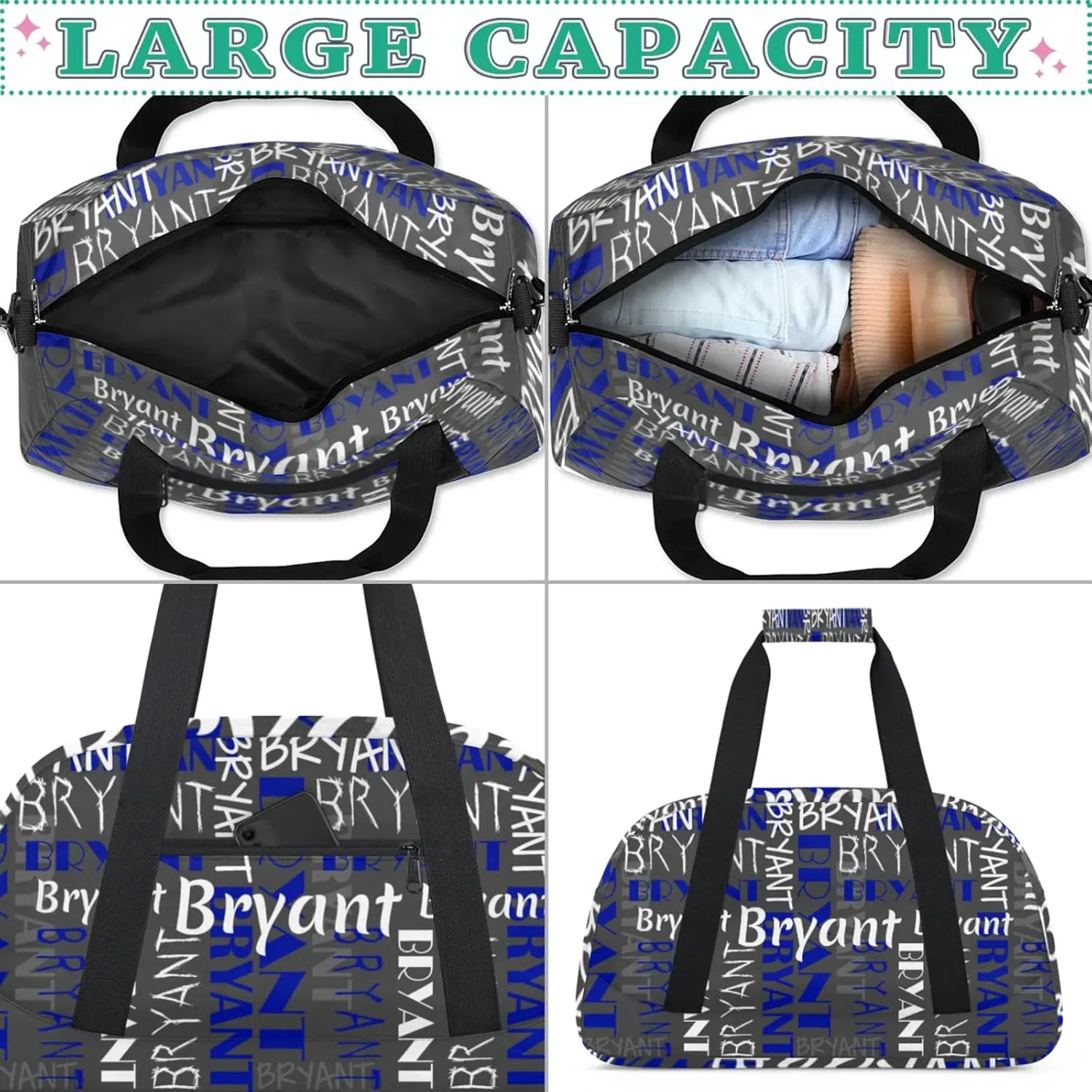 Yzrwebo Custom Name Gym Sport Bag, Personalized Duffel Travel Bag Customized Gymnastics Ballet Dance Bags Small Weekender Overnight Tote Bag for Gifts, Grey White