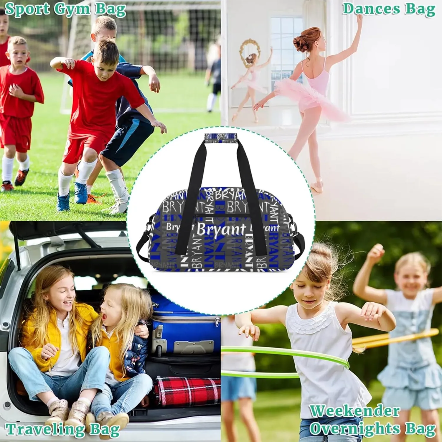 Yzrwebo Custom Name Gym Sport Bag, Personalized Duffel Travel Bag Customized Gymnastics Ballet Dance Bags Small Weekender Overnight Tote Bag for Gifts, Grey White